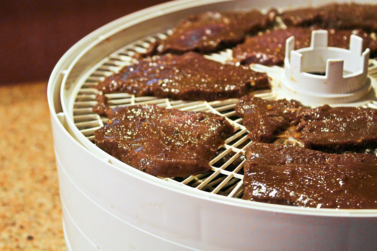 beef slices laid out on a dehydrator